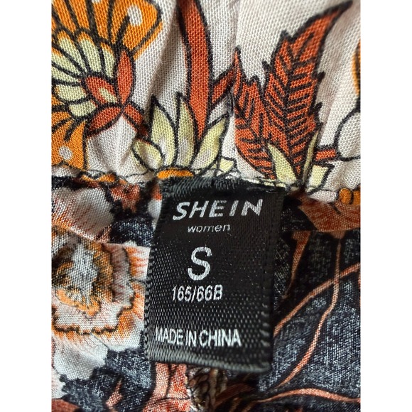 SHEIN Womens Boho Floral Wide Leg Pants Orange Black High Waist Small - Picture 3 of 3